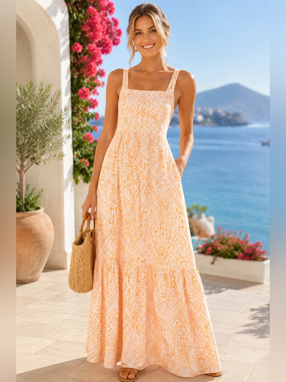 LOFT Size 6 NWT 100% Cotton Orange White Printed Cutout Back Maxi Dress